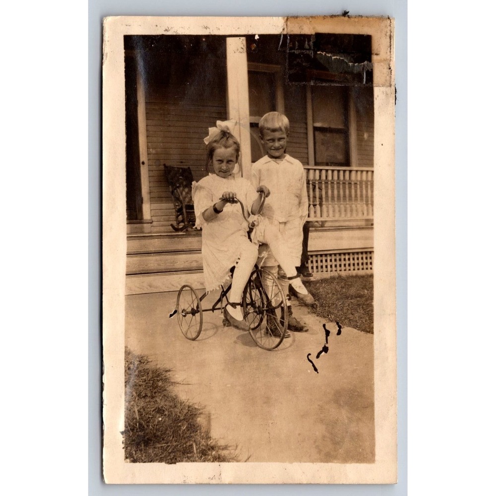 Children Tricycle Early 1900s Snapshot Photograph Outdoor Porch Americana